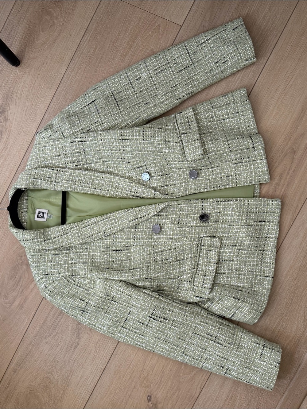 Anne Klein Light Green Tweed Double-Breasted Blazer